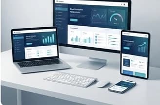 Ordenador, portátil, tablet y móvil mostrando la misma web con diseño adaptado a cada pantalla